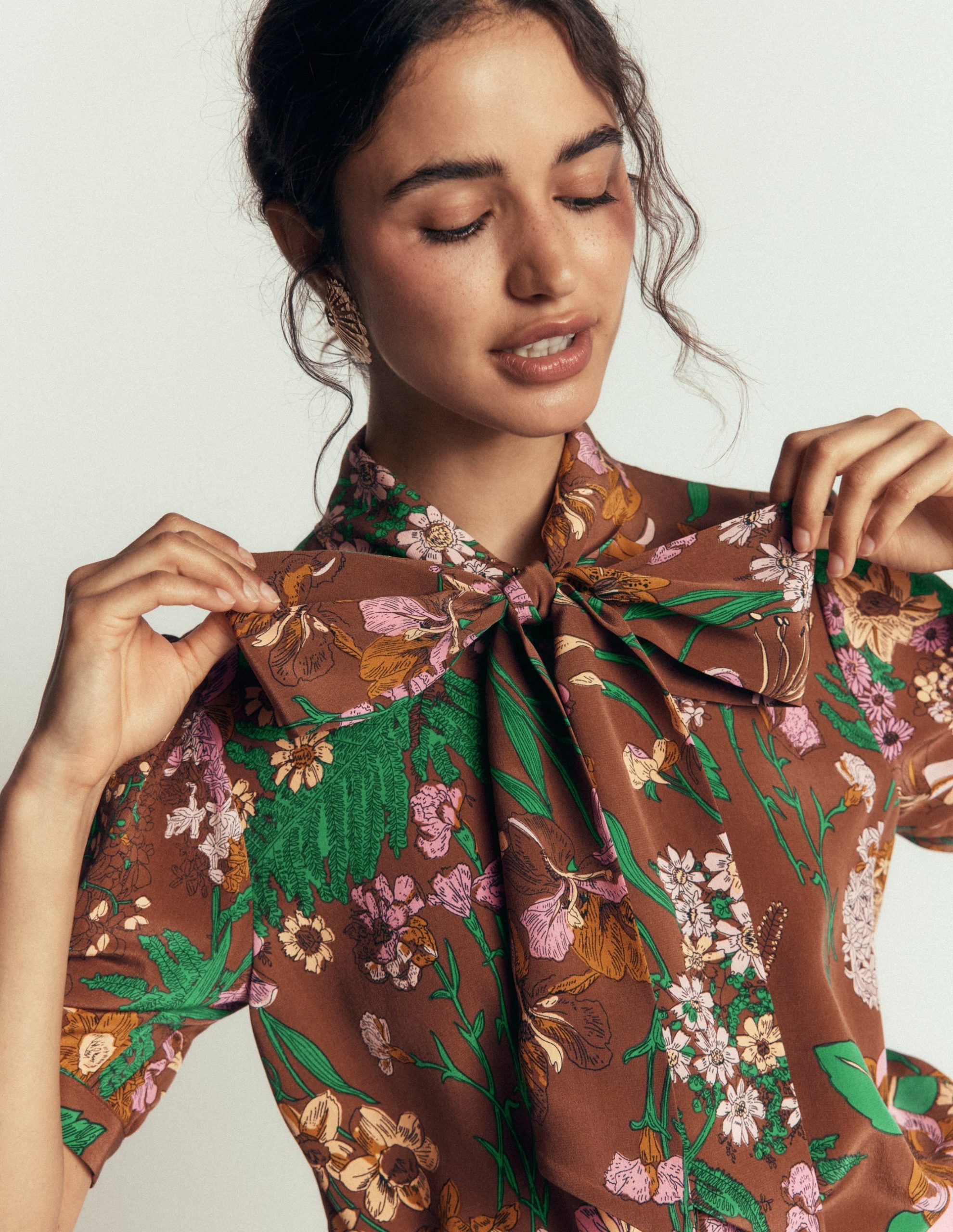 Tie Neck Silk Top-Woodland. Whimsical Flora - Image 3