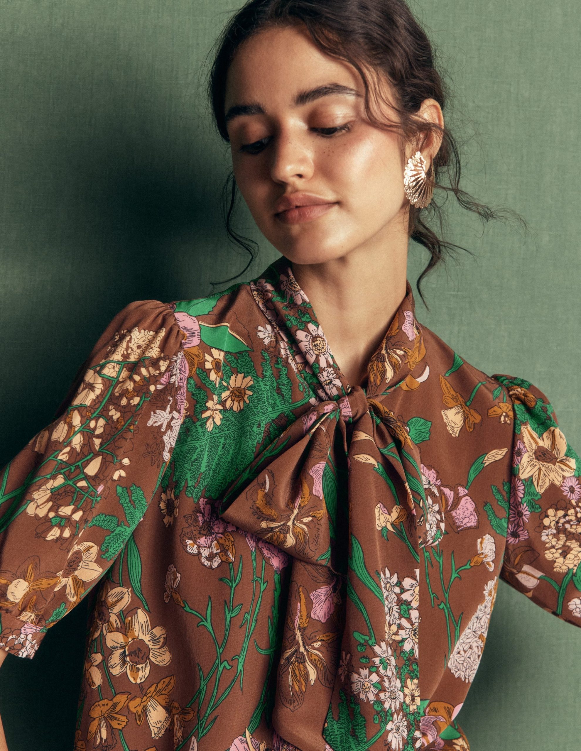 Tie Neck Silk Top-Woodland. Whimsical Flora - Image 6
