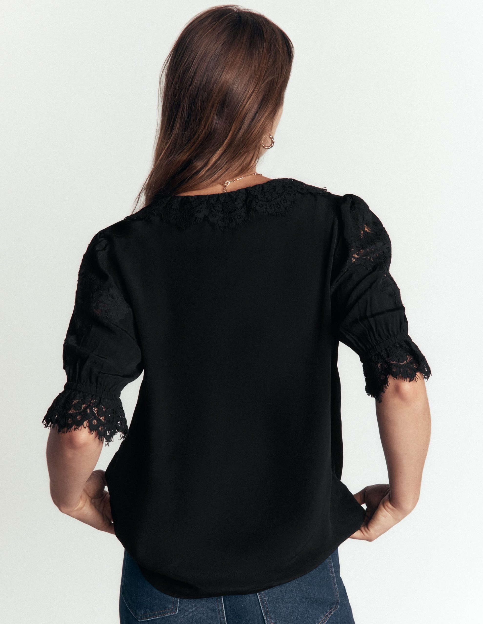 Ruffle V-neck Lace Top-Black - Image 3