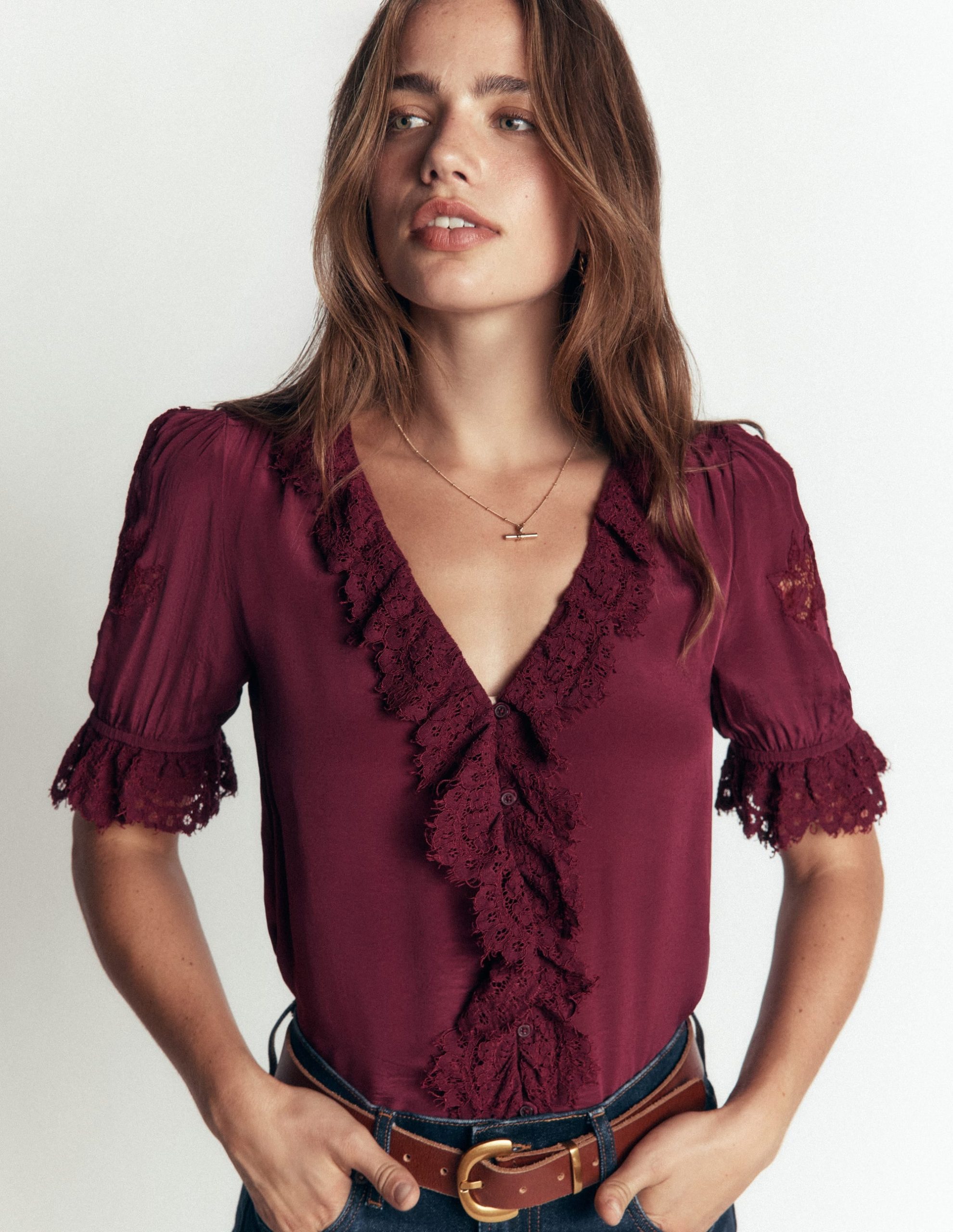 Ruffle V-neck Lace Top-Deep Wisteria - Image 5