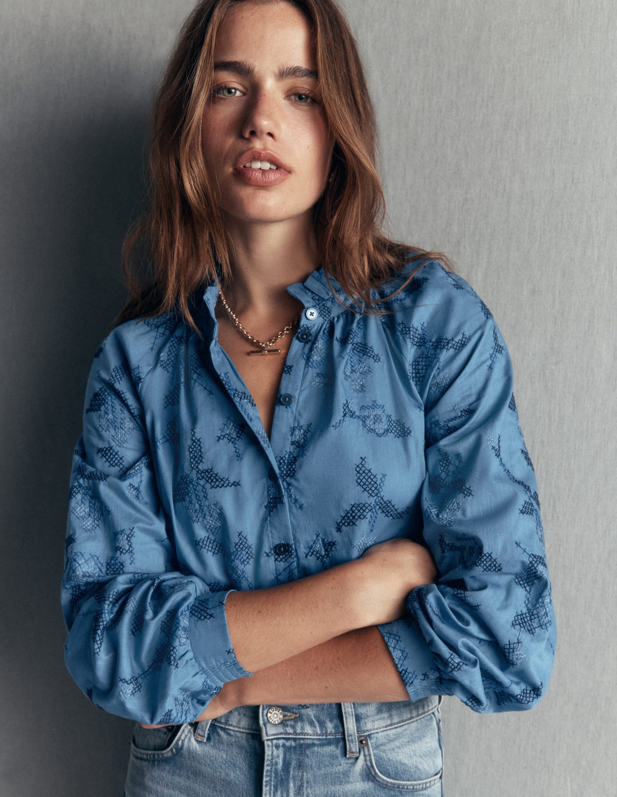 Erica Cotton Frill Top-Blue. Cross Stitch Floral