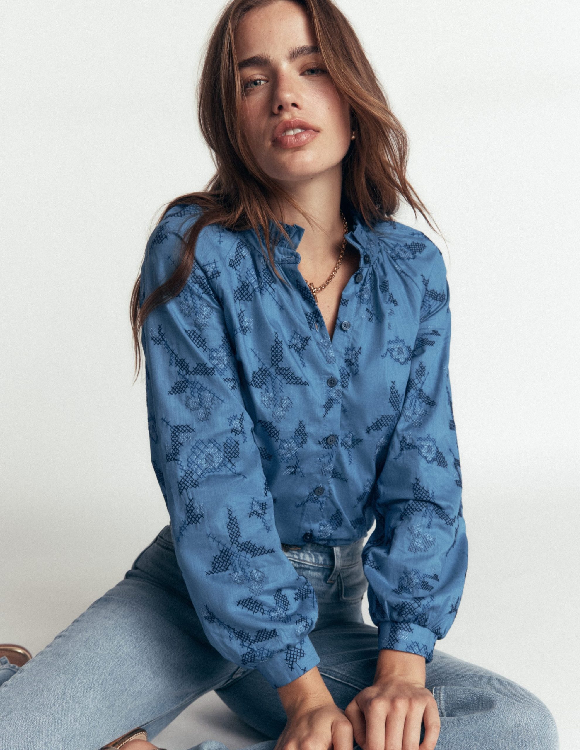 Erica Cotton Frill Top-Blue. Cross Stitch Floral - Image 4