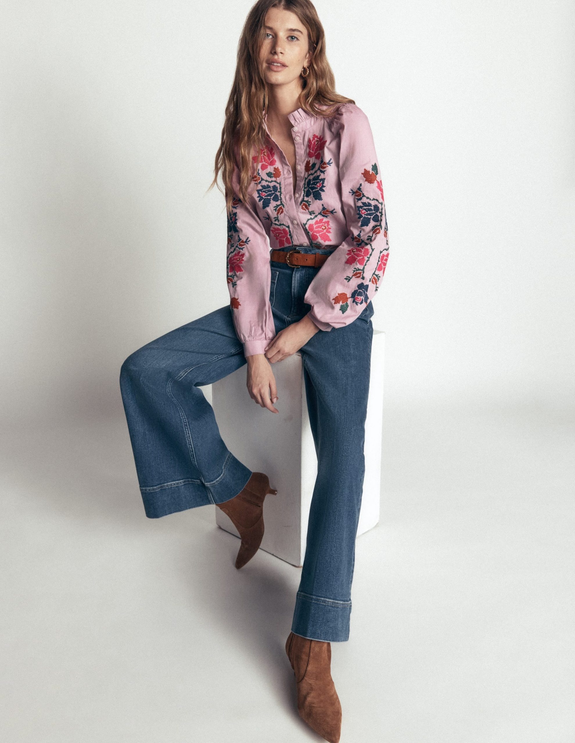 Erica Cotton Frill Top-Soft Pink. Embroidered Floral - Image 3