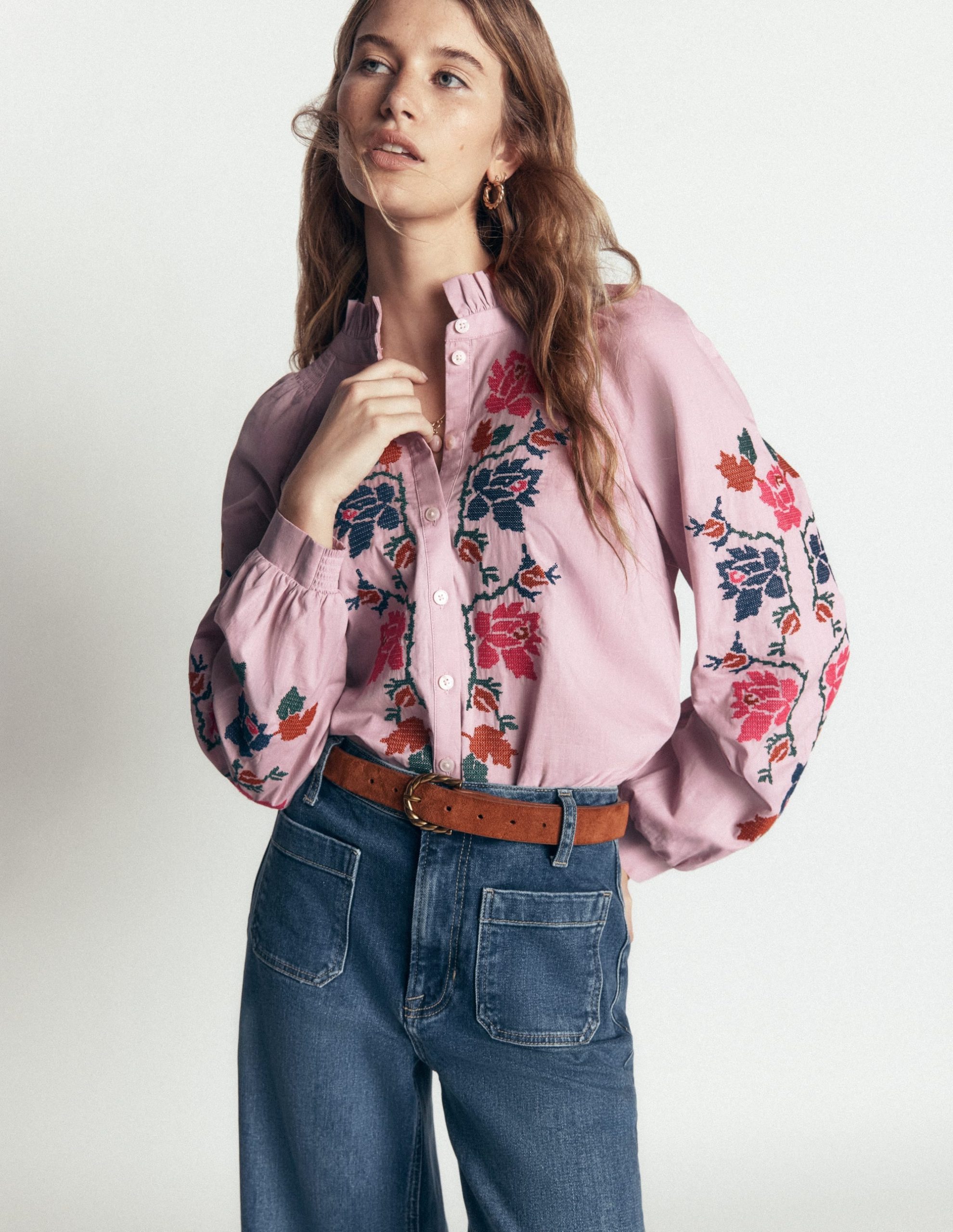 Erica Cotton Frill Top-Soft Pink. Embroidered Floral - Image 6