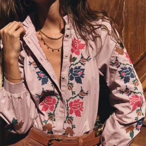Erica Cotton Frill Top-Soft Pink. Embroidered Floral