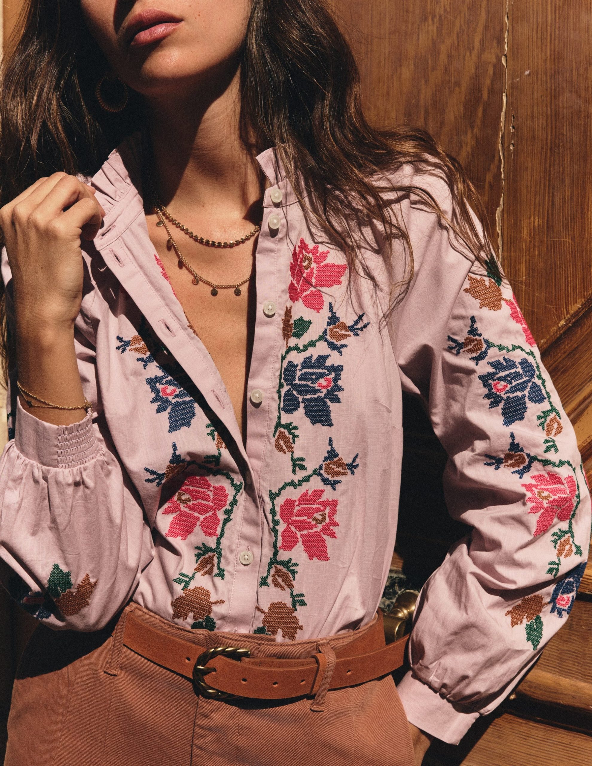 Erica Cotton Frill Top-Soft Pink. Embroidered Floral