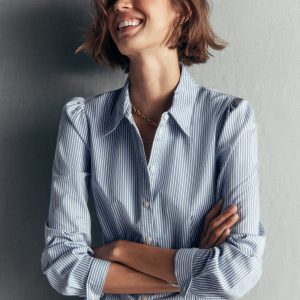 Julia Darted Cotton Shirt-Soft Blue. Ivory Stripe