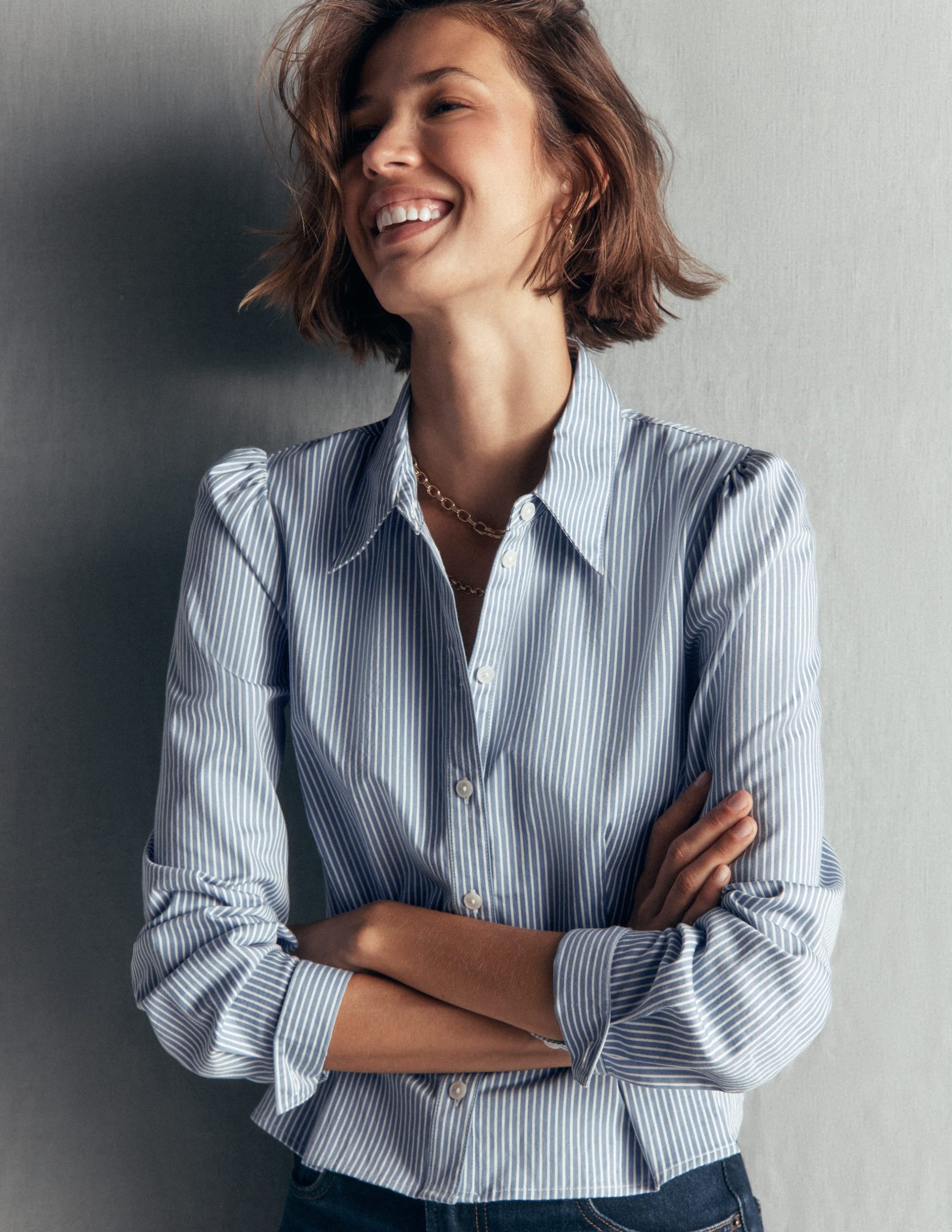 Julia Darted Cotton Shirt-Soft Blue. Ivory Stripe