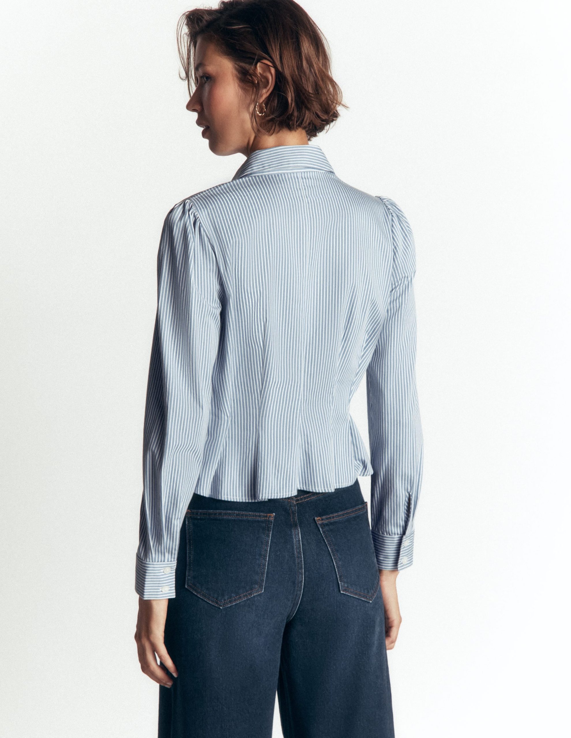 Julia Darted Cotton Shirt-Soft Blue. Ivory Stripe - Image 3