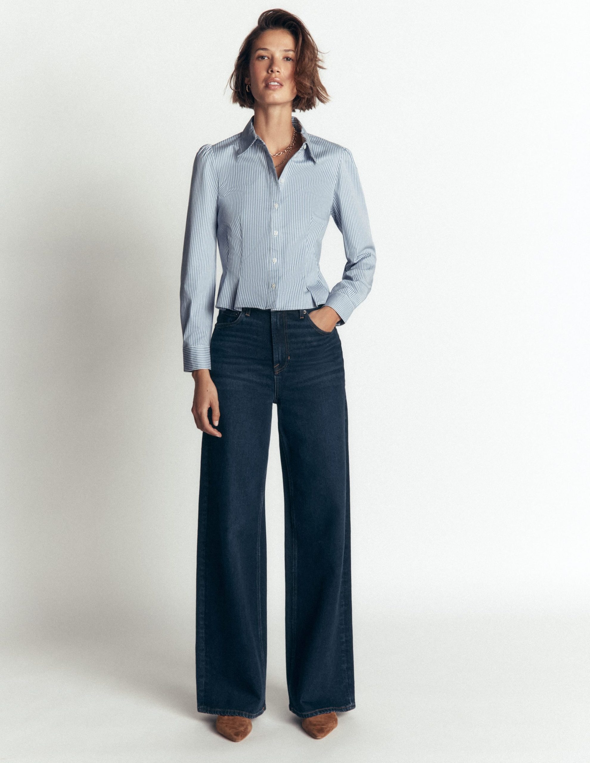 Julia Darted Cotton Shirt-Soft Blue. Ivory Stripe - Image 4