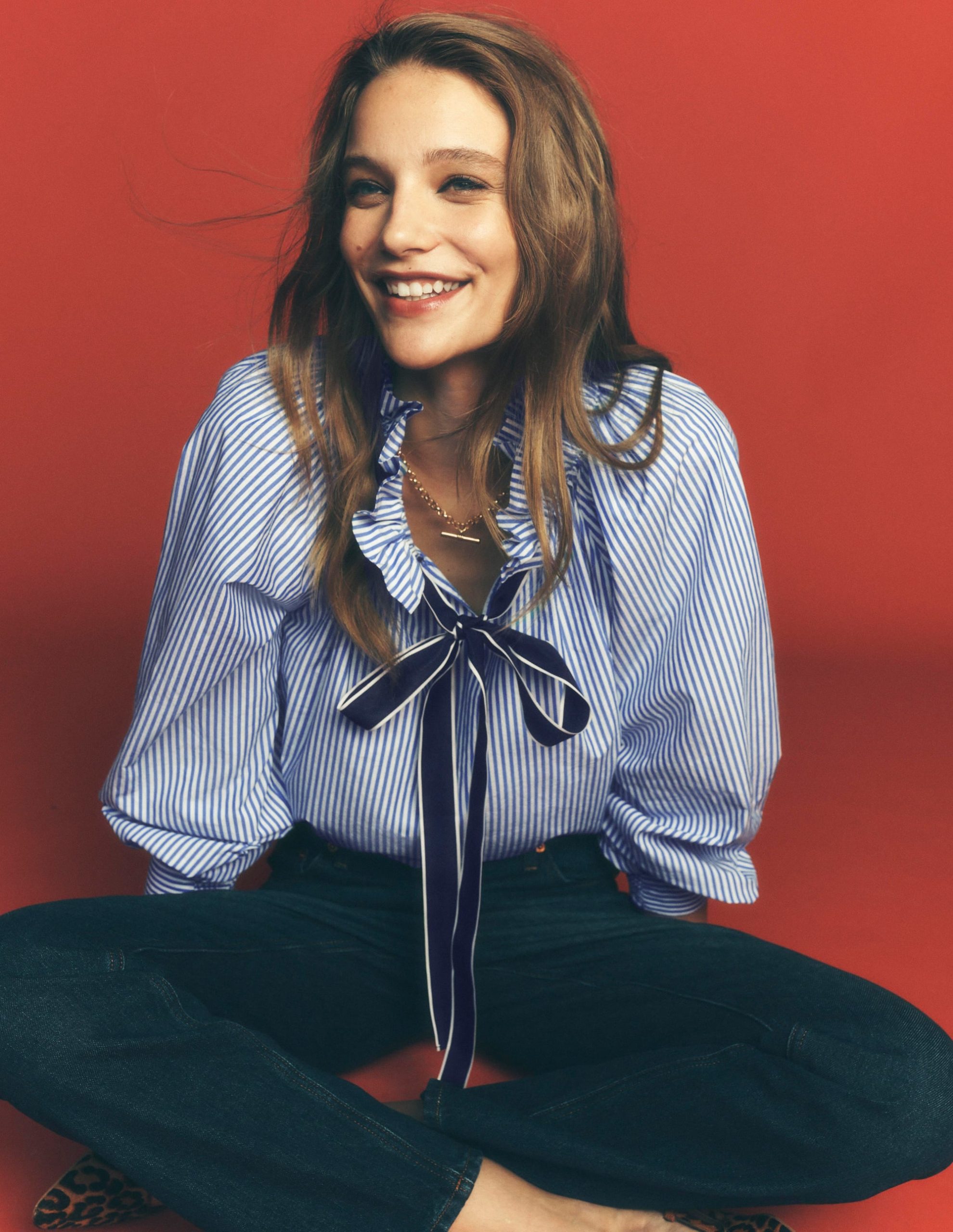 Bow Neck Ruffled Top-Bright Blue. Ivory Stripe