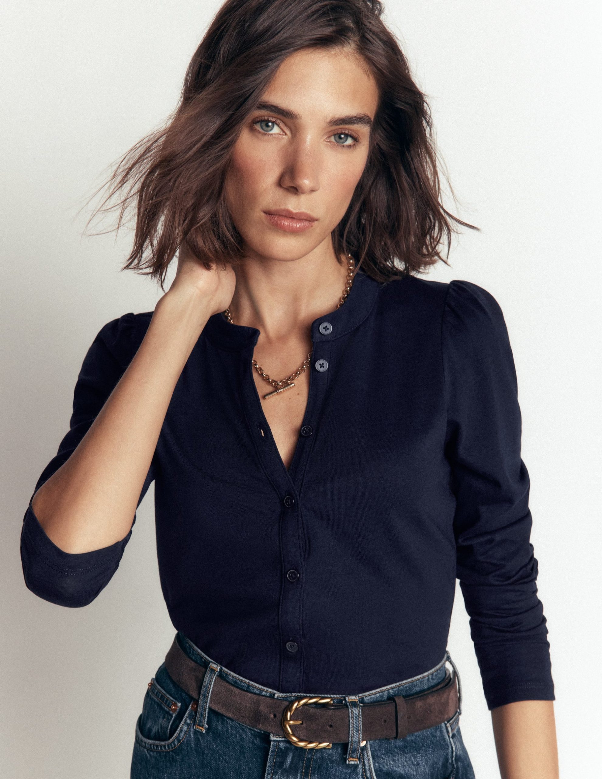 Supersoft Puff Sleeve Shirt-Navy