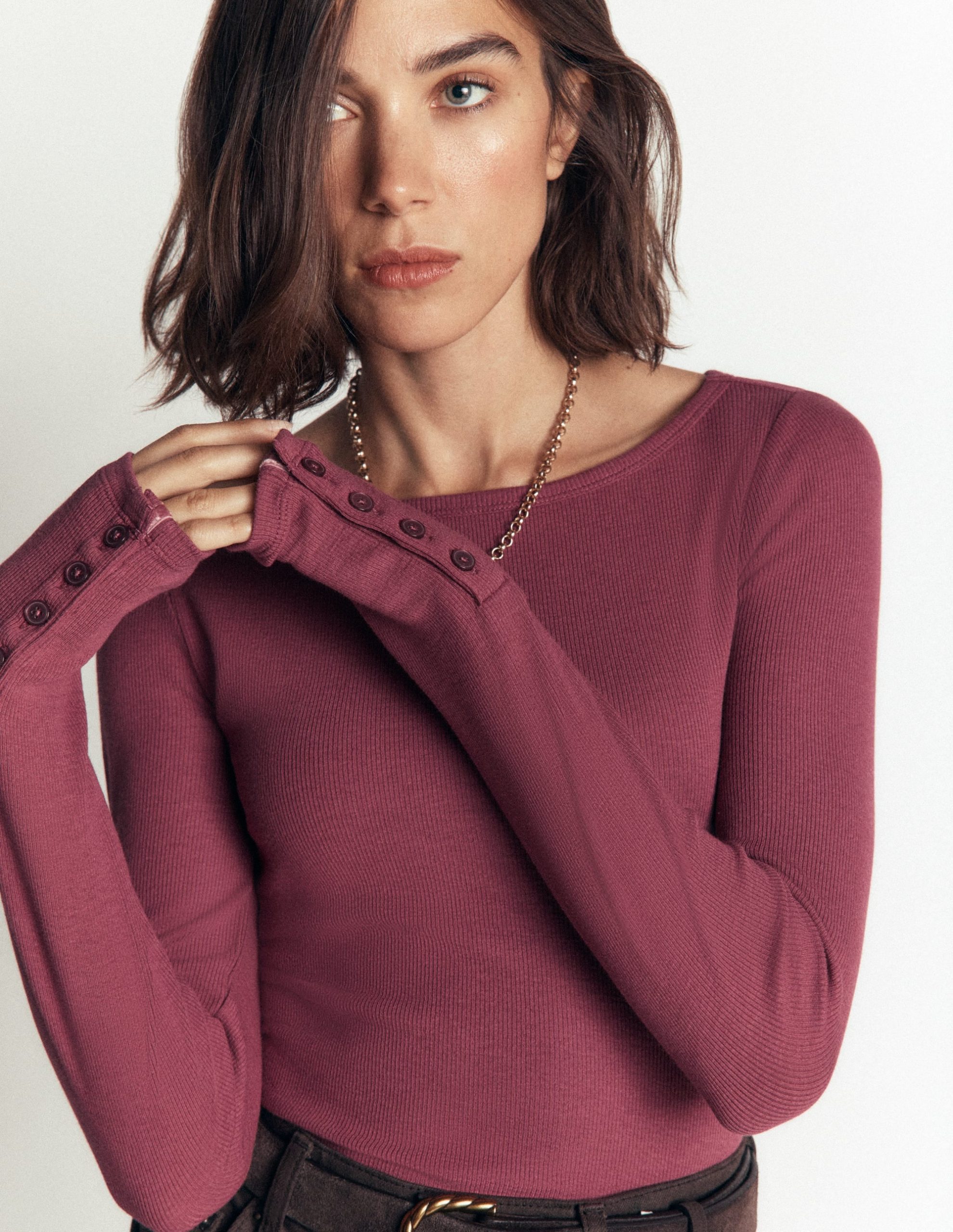 Button Cuff Ribbed Boatneck-Maroon