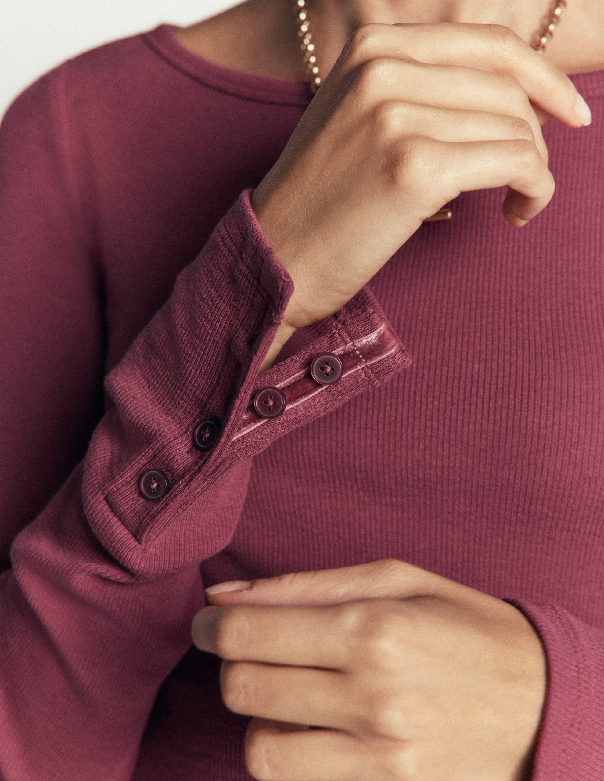 Button Cuff Ribbed Boatneck-Maroon - Image 2