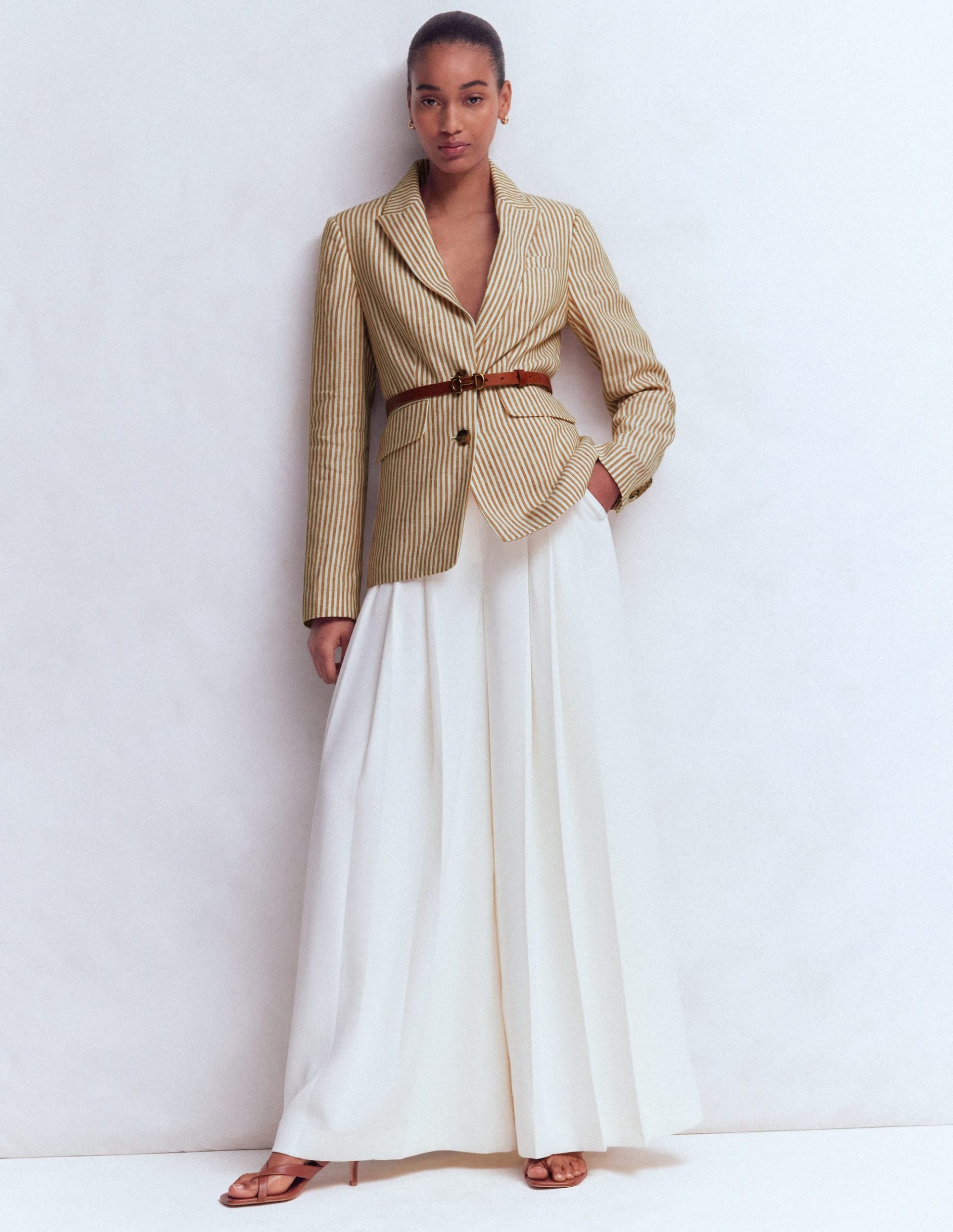 Stamford Linen Blazer-Brown. Ivory Ticking Stripe