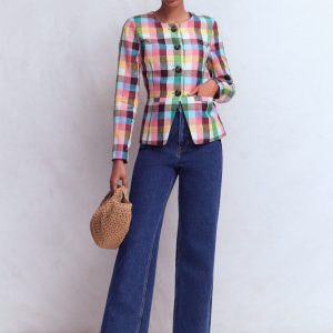 Hampstead Linen Blazer-Soft Yellow. Pink Multigingham