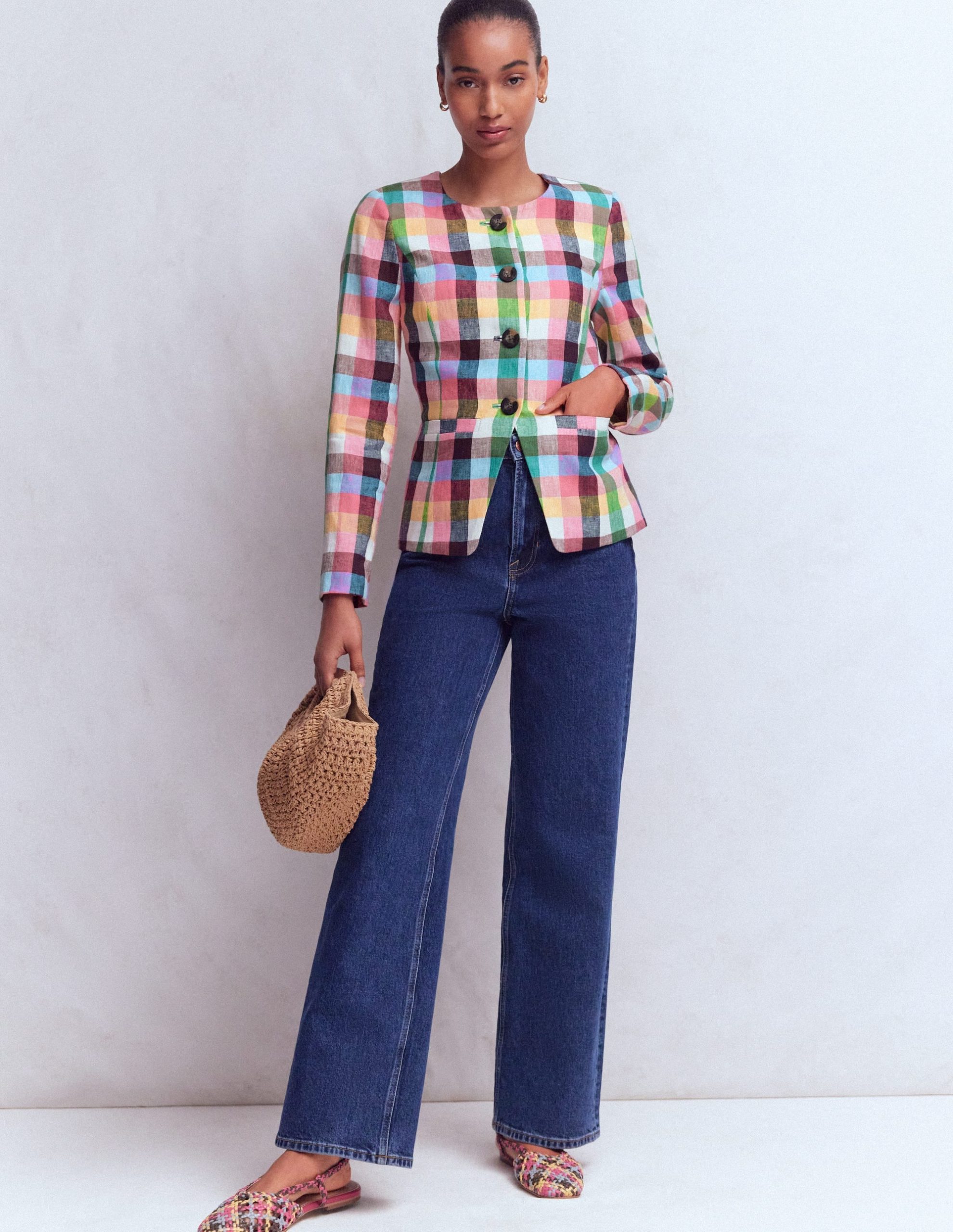 Hampstead Linen Blazer-Soft Yellow. Pink Multigingham