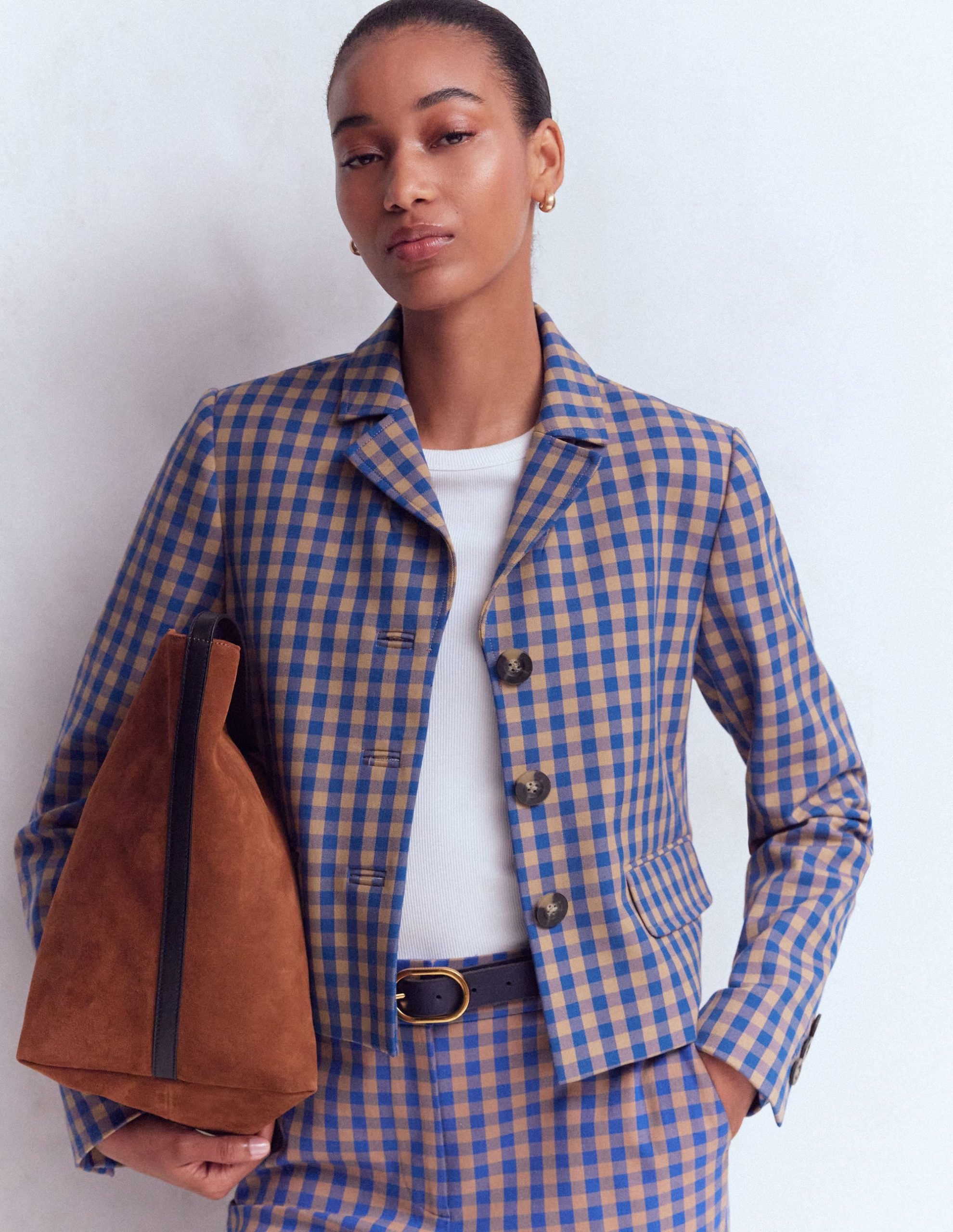 Dartmouth Cotton Blazer-Camel. Blue Gingham