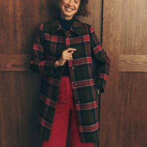 Aylesford Wool Coat-Olive. Navy and Red Check