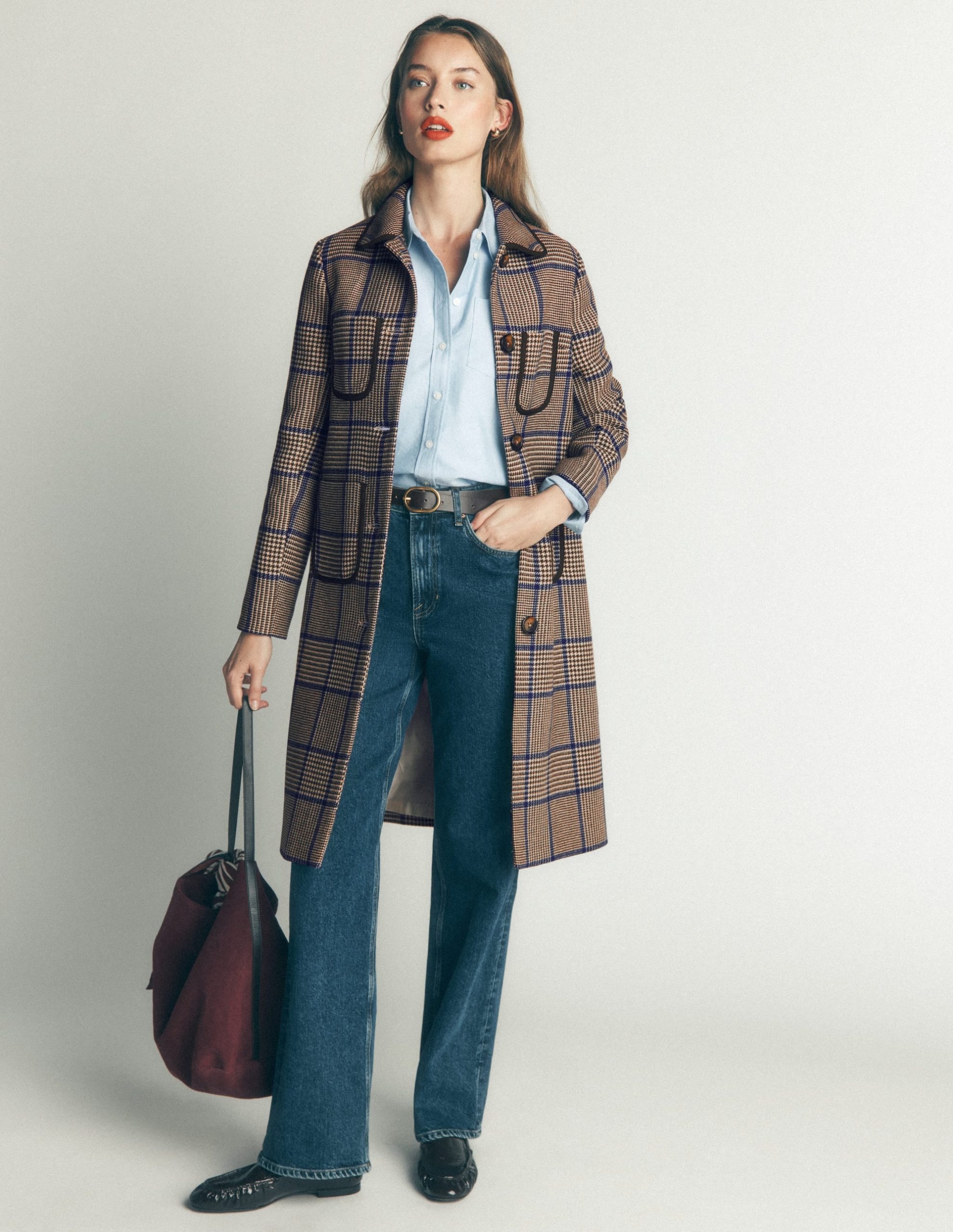 Patch Pocket Wool Blend Coat-Maroon. Teal Prince of Wales