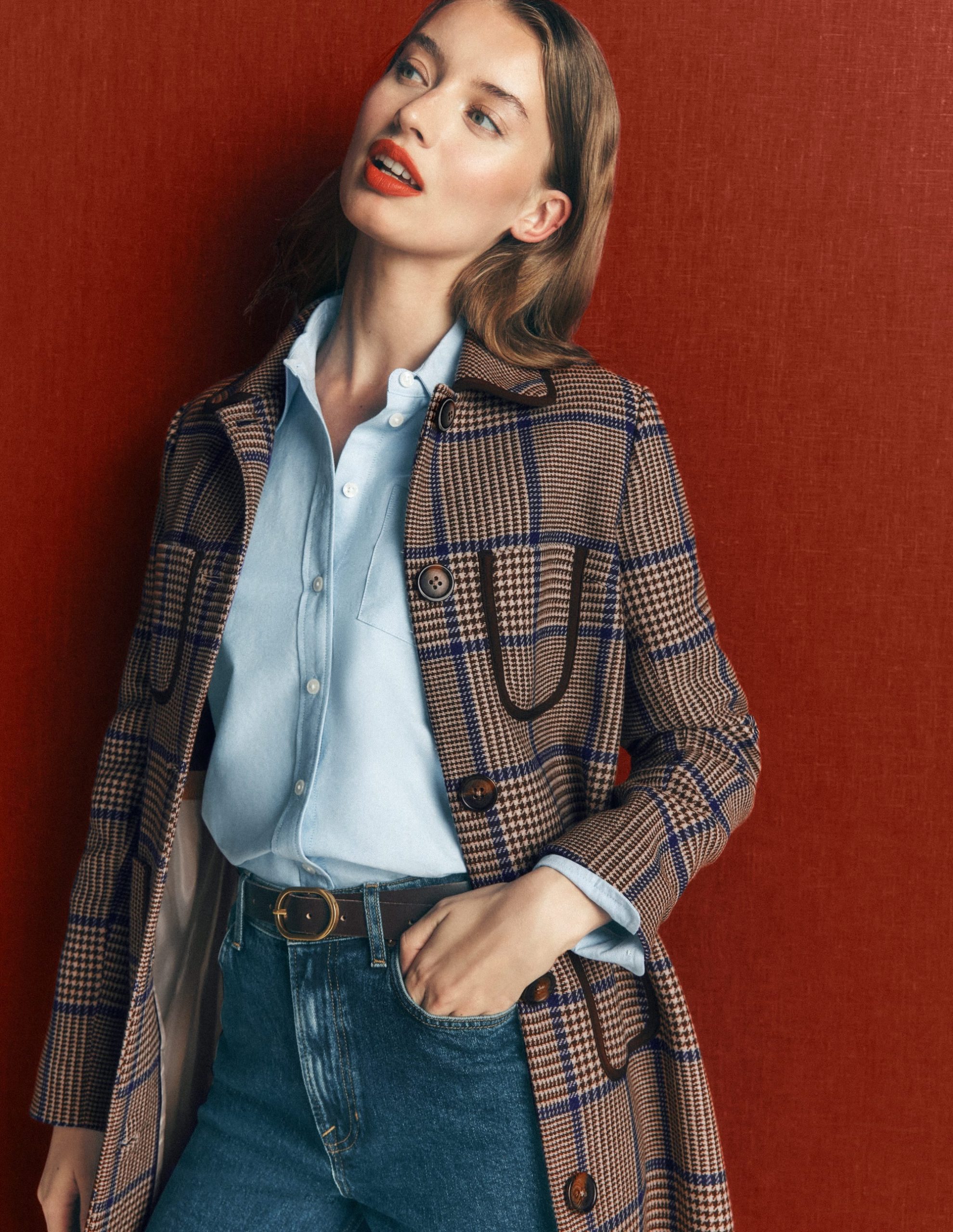 Patch Pocket Wool Blend Coat-Maroon. Teal Prince of Wales - Image 2