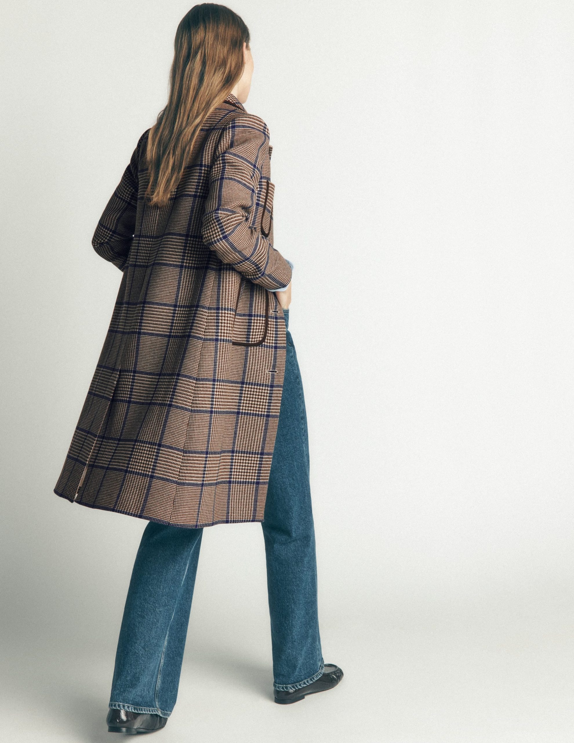 Patch Pocket Wool Blend Coat-Maroon. Teal Prince of Wales - Image 3