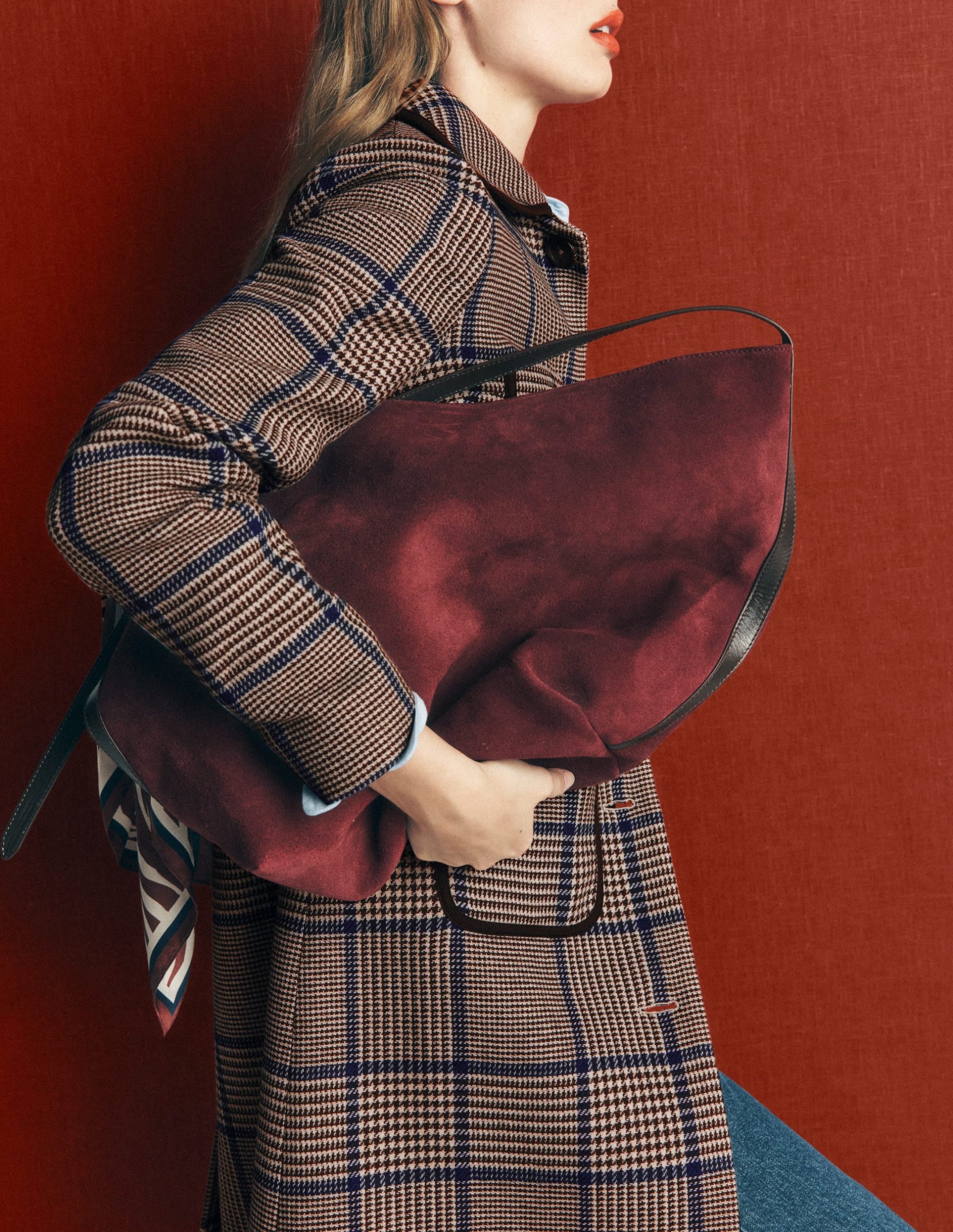 Patch Pocket Wool Blend Coat-Maroon. Teal Prince of Wales - Image 4
