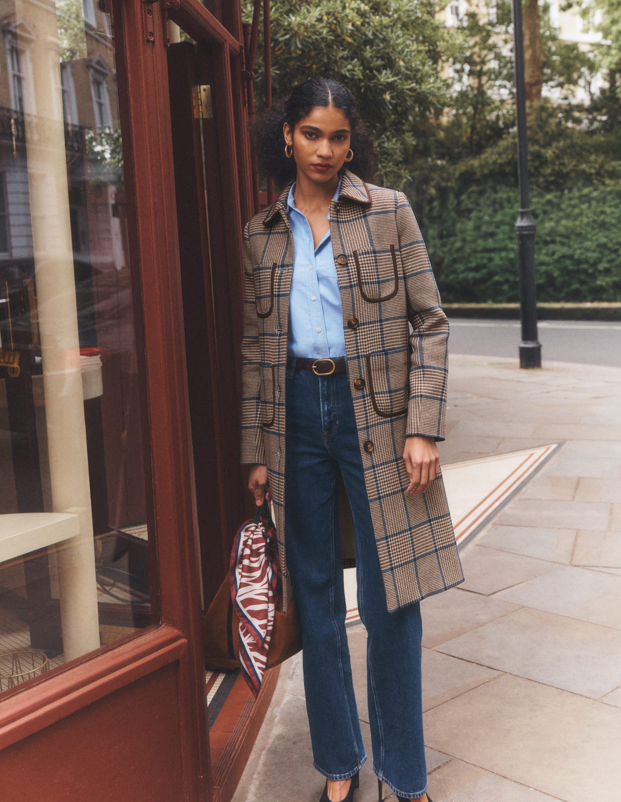 Patch Pocket Wool Blend Coat-Maroon. Teal Prince of Wales - Image 5