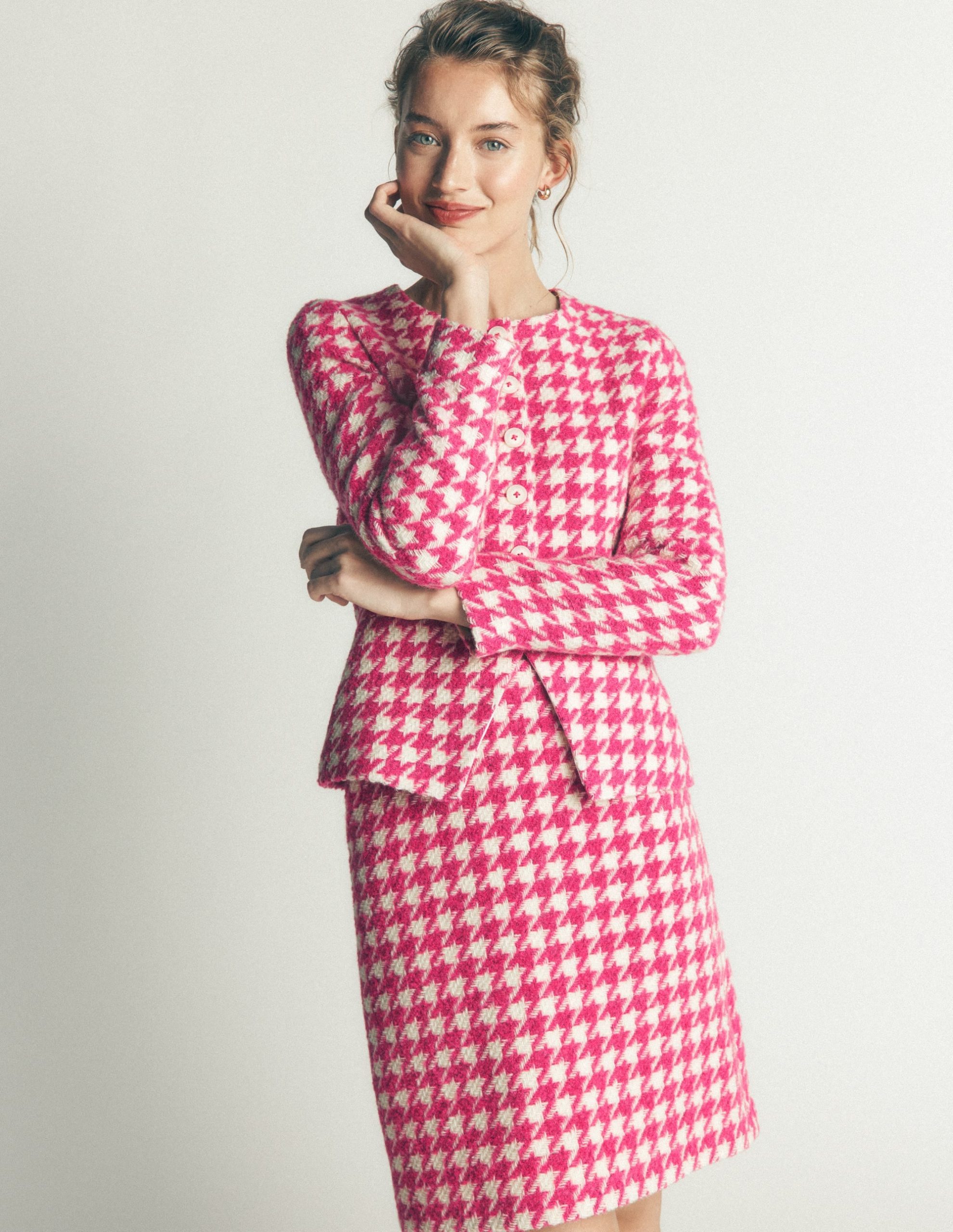Collarless Wool Blend Blazer-Pink Dogstooth - Image 4