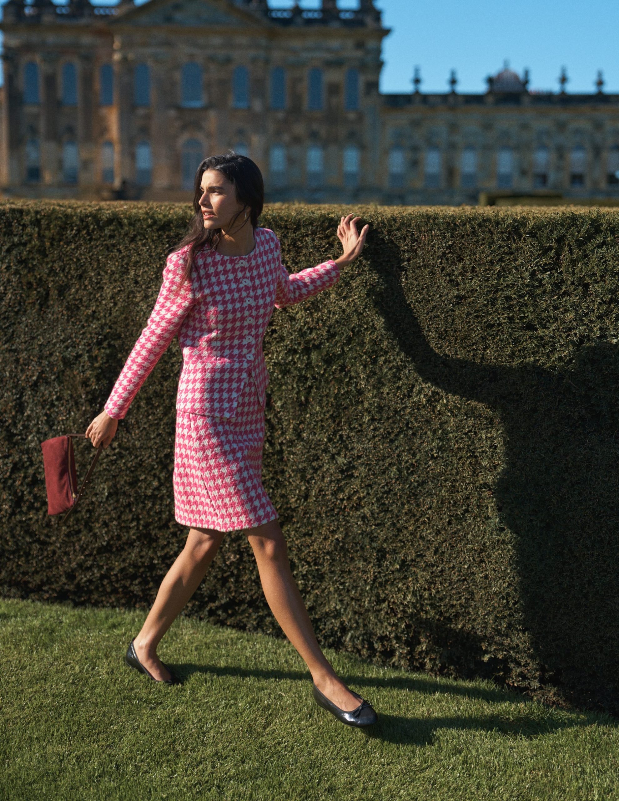 Collarless Wool Blend Blazer-Pink Dogstooth - Image 5