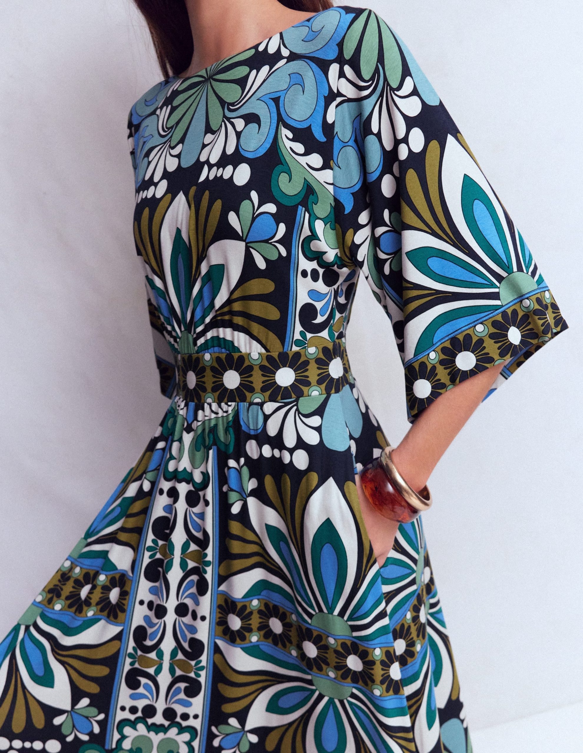 Imelda Kimono Jersey Dress-Navy. Bloom Tapestry - Image 3