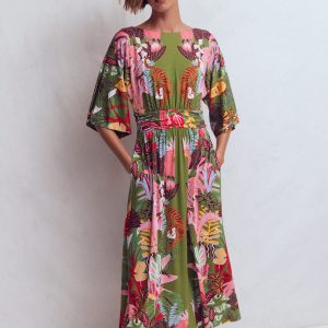 Imelda Kimono Jersey Dress-Olive. Tropical Safari