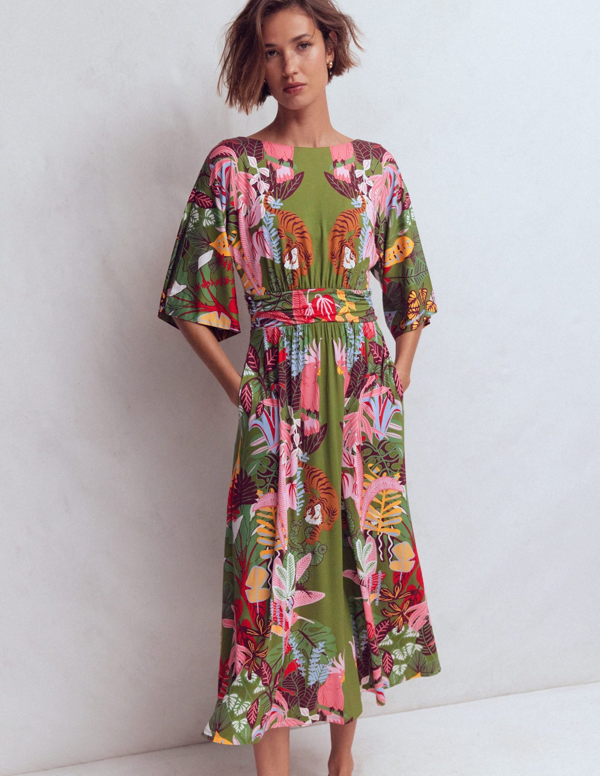 Imelda Kimono Jersey Dress-Olive. Tropical Safari