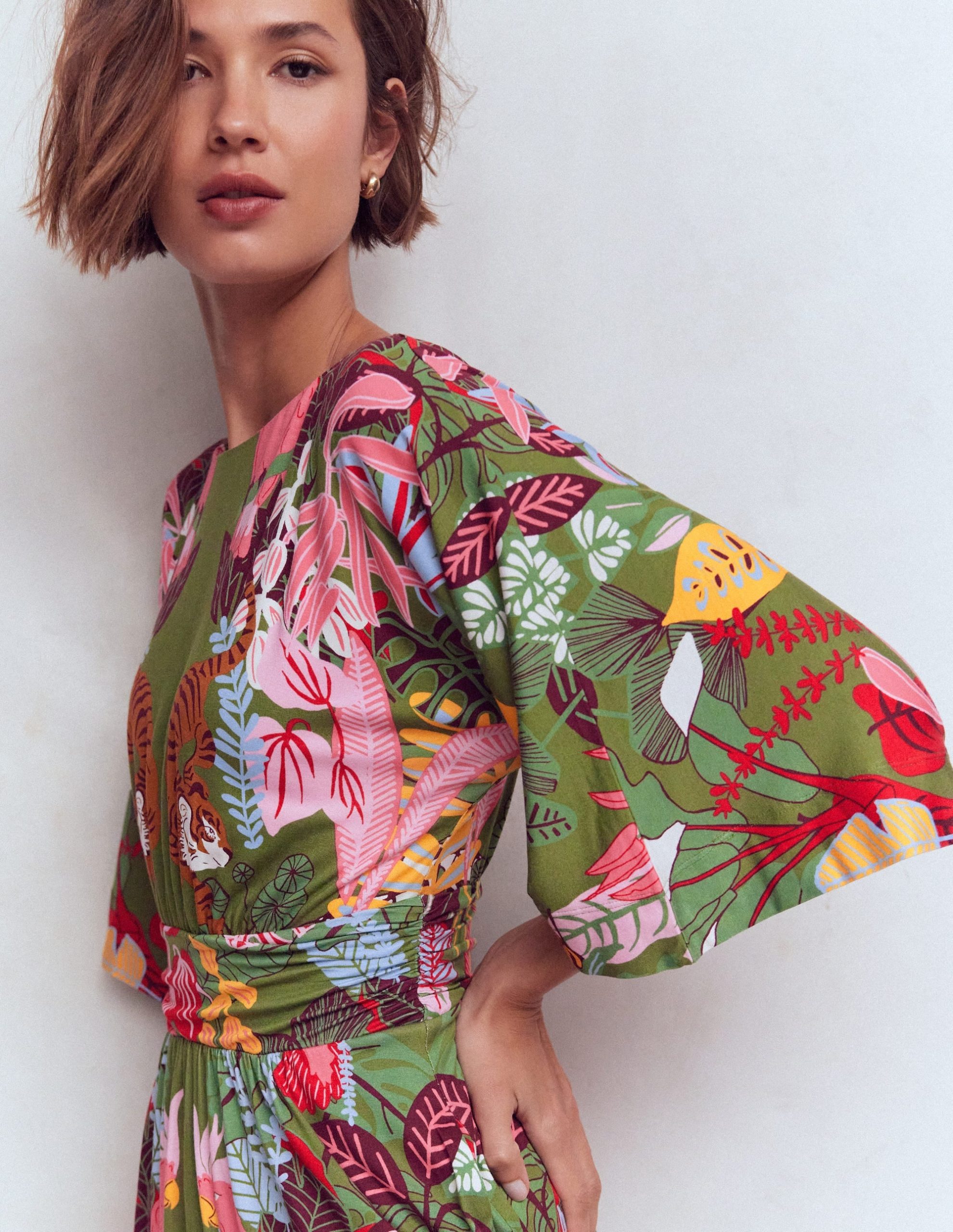 Imelda Kimono Jersey Dress-Olive. Tropical Safari - Image 2