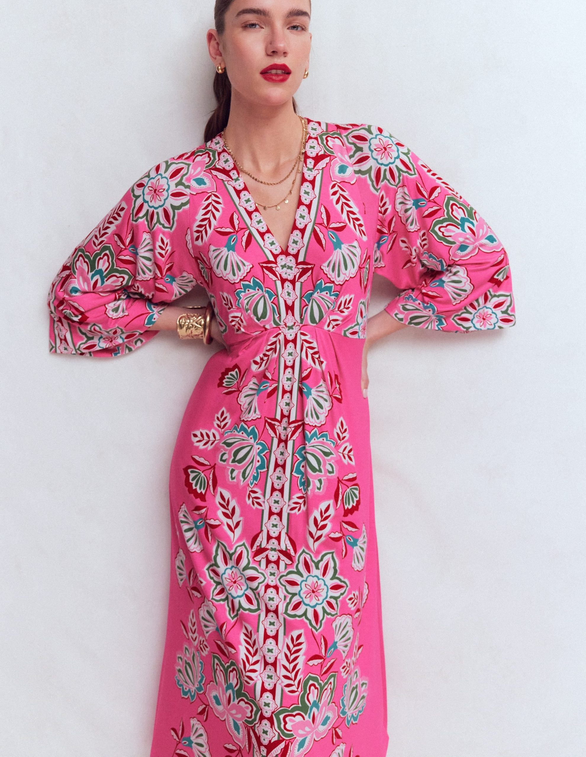 Nell Kimono Midi Jersey Dress-Pink. Blossom Elegance