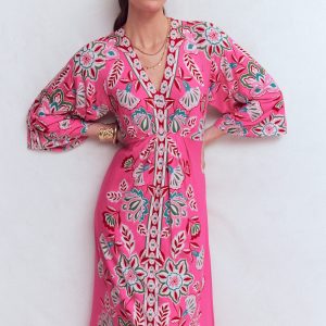 Nell Kimono Midi Jersey Dress-Pink. Blossom Elegance