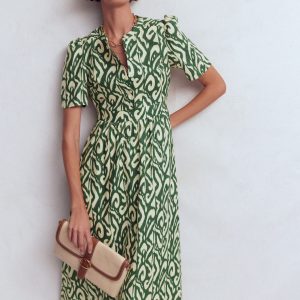 Ivy Button Linen Midi Dress-Hunter Green Ikat