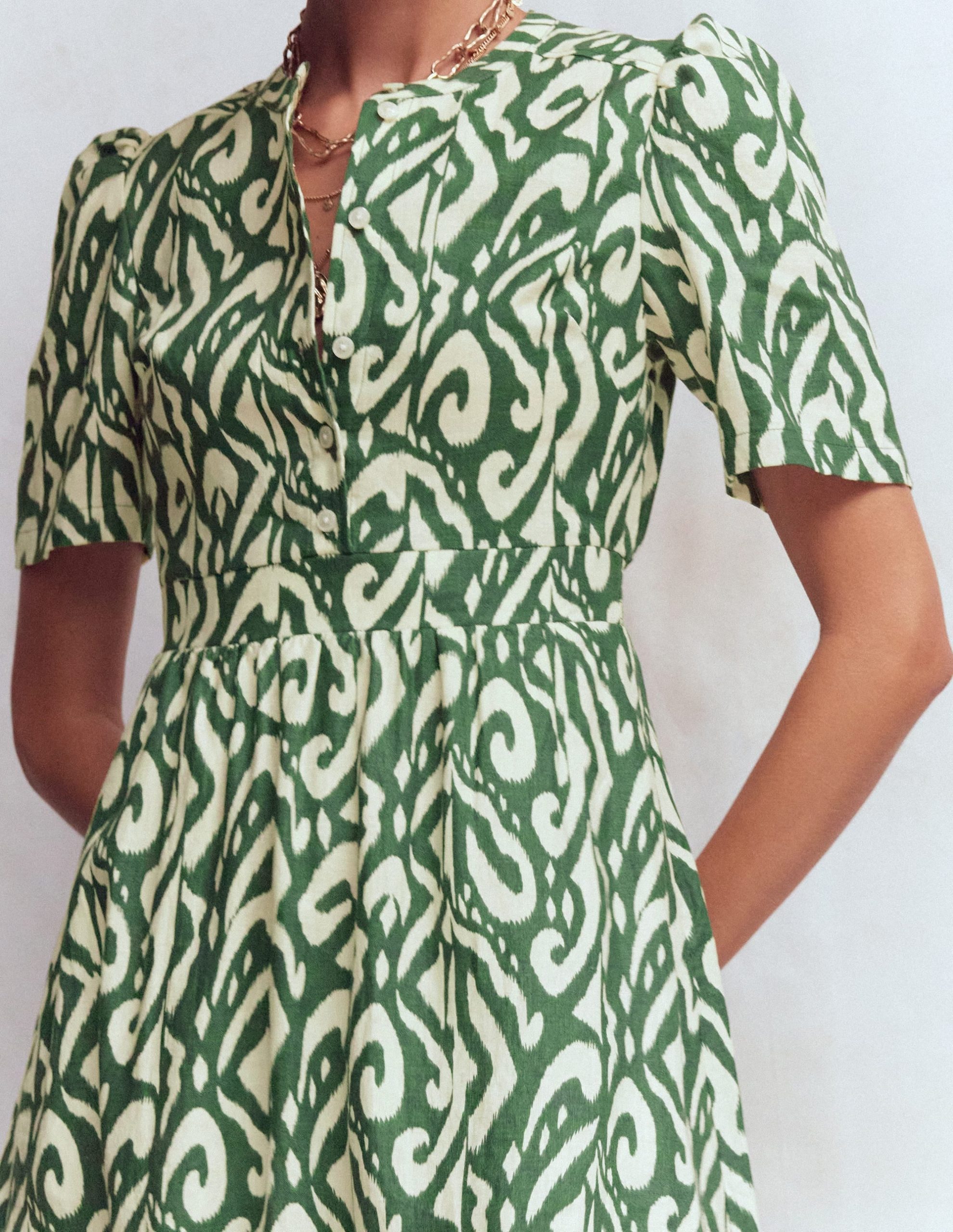 Ivy Button Linen Midi Dress-Hunter Green Ikat - Image 2