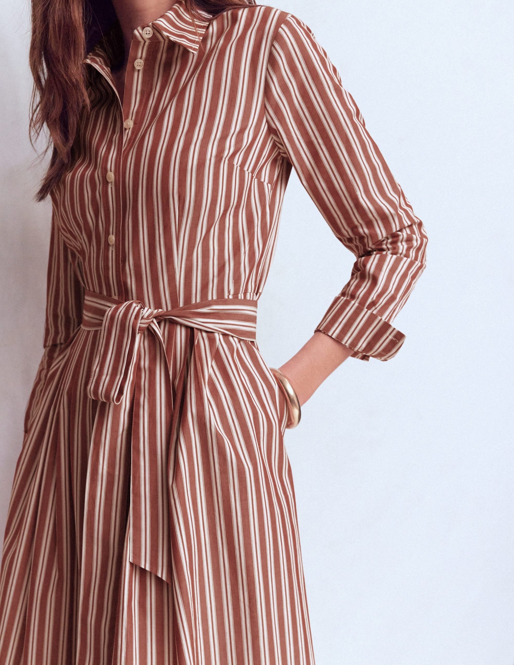 Alexa Cotton Midi Shirt Dress-Rich Chestnut Stripe - Image 2