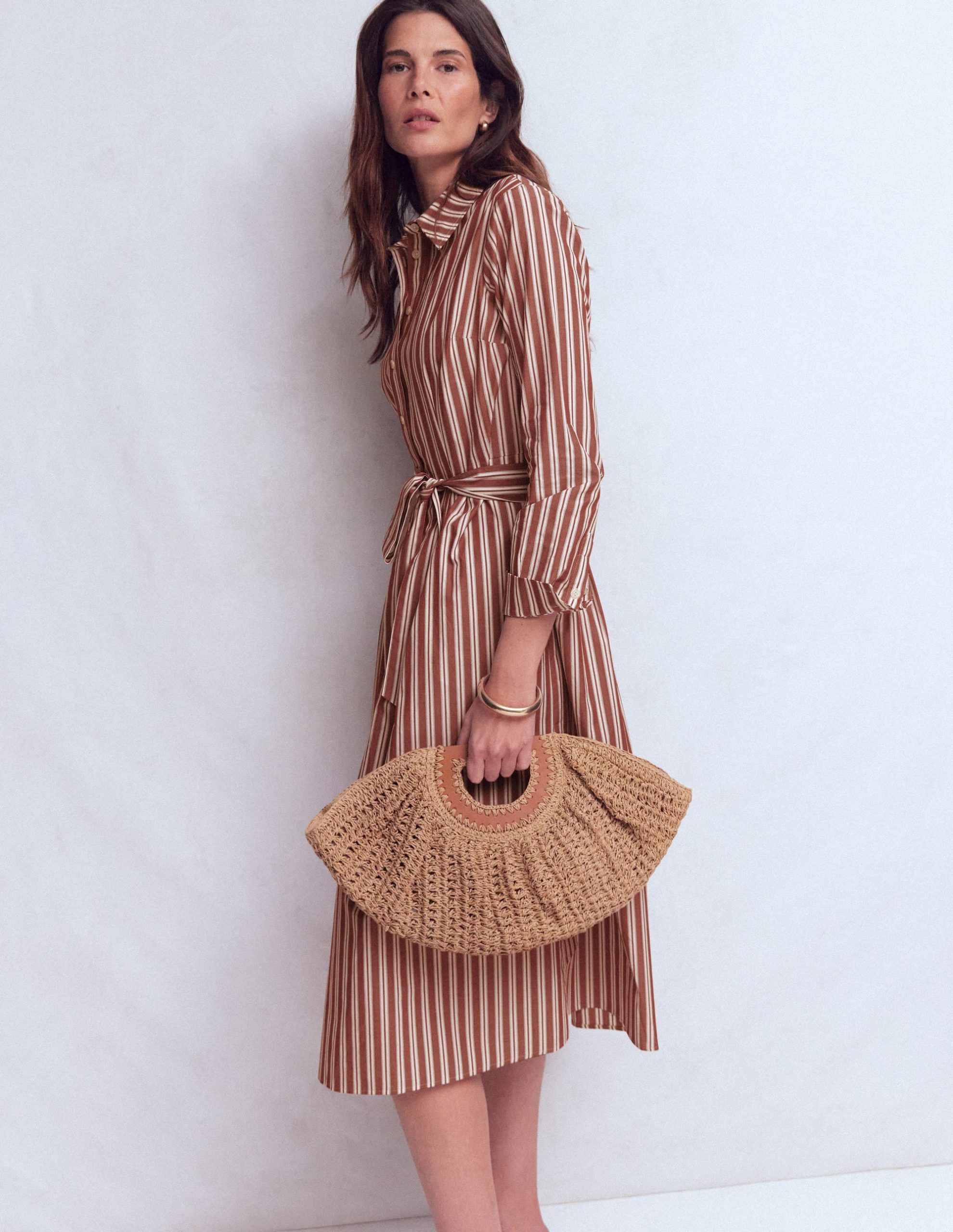 Alexa Cotton Midi Shirt Dress-Rich Chestnut Stripe - Image 4