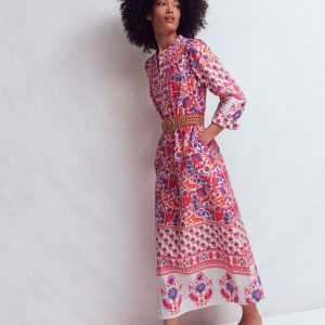 Ava Cotton Midi Dress-Pink Flourishing Meadow Border
