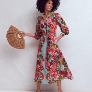 Ava Linen Blend Midi Dress-Blue Tropical Safari Placement