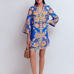 Carmen Linen Short Dress-Blue Blossom Elegance
