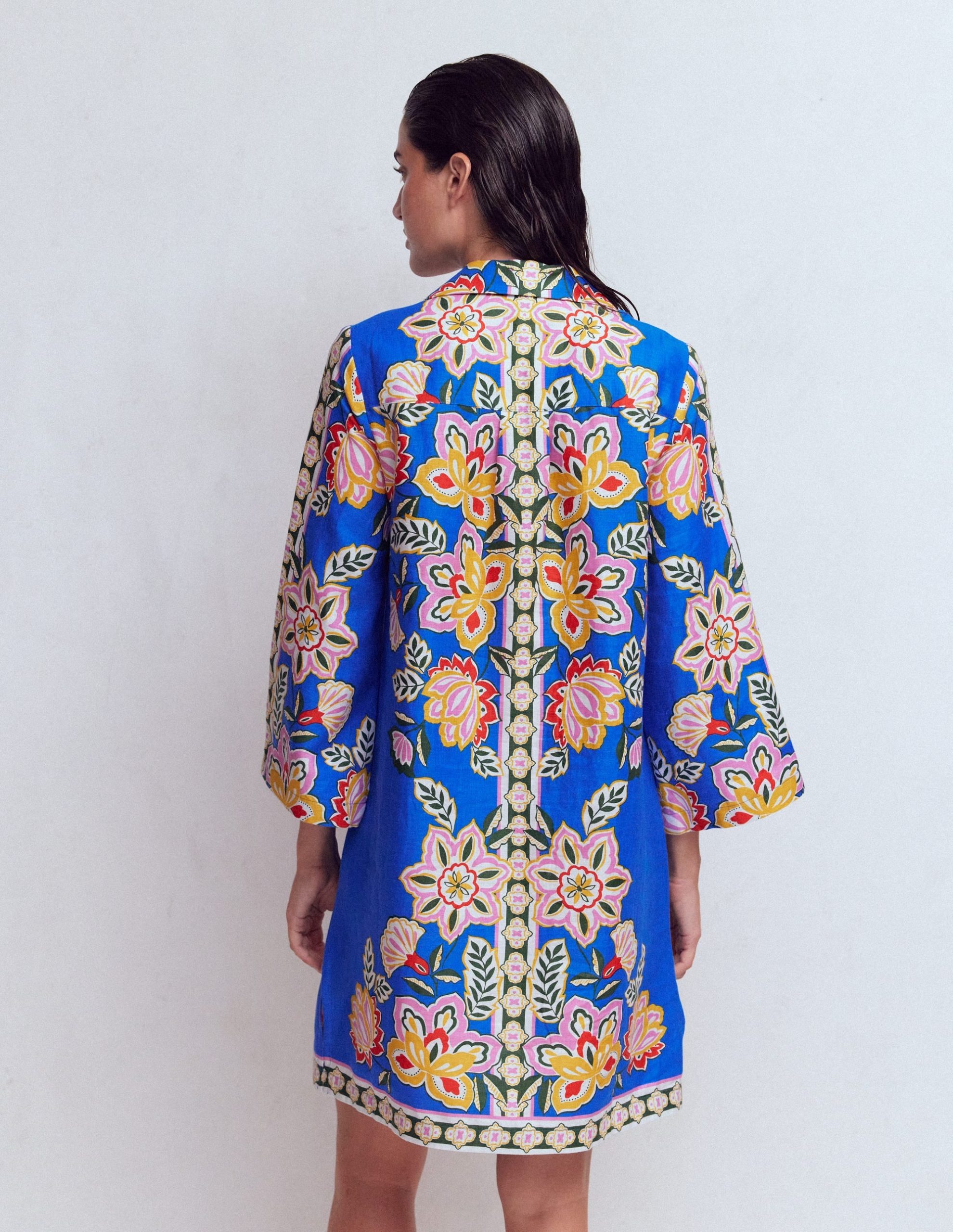 Carmen Linen Short Dress-Blue Blossom Elegance - Image 3
