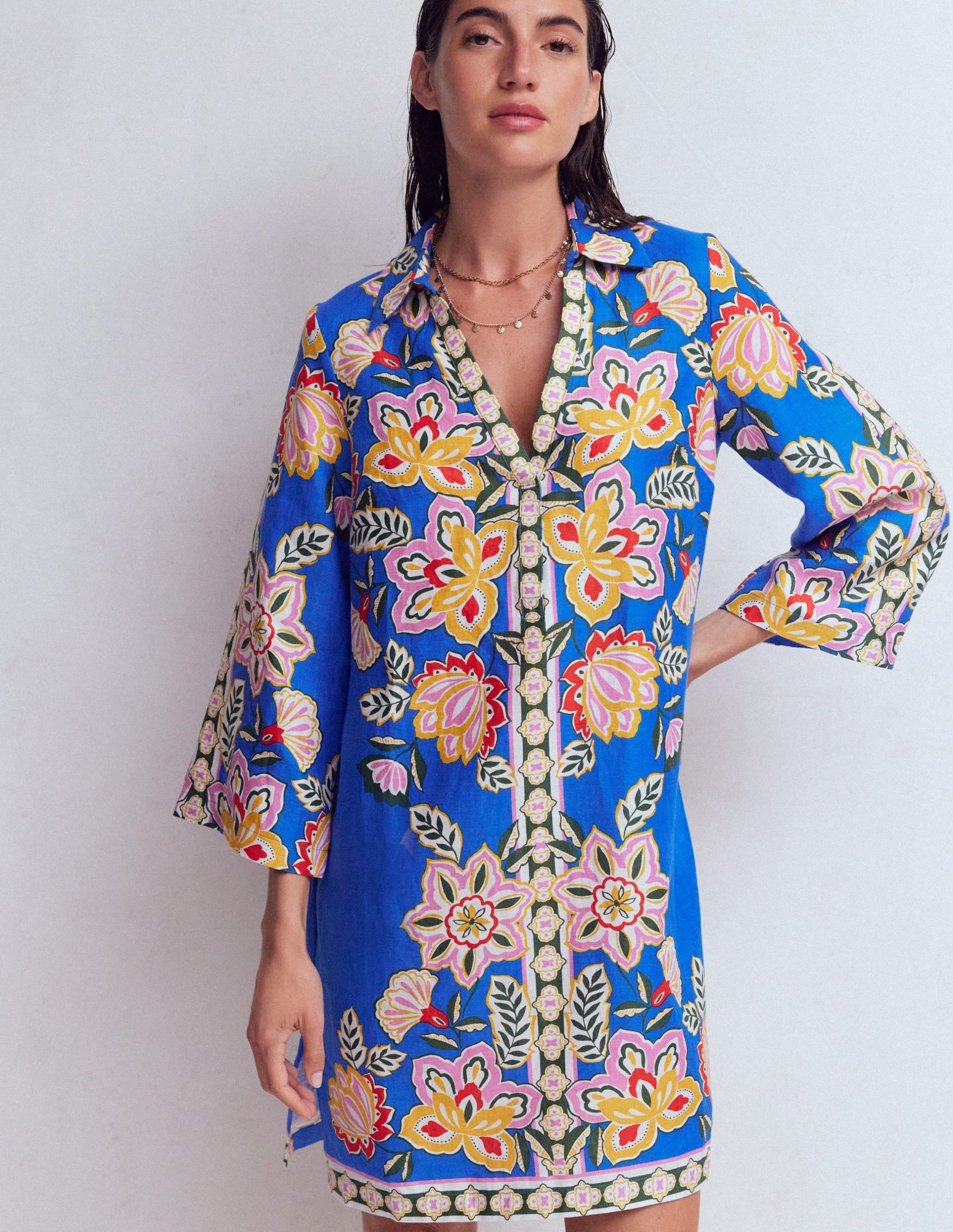 Carmen Linen Short Dress-Blue Blossom Elegance - Image 4