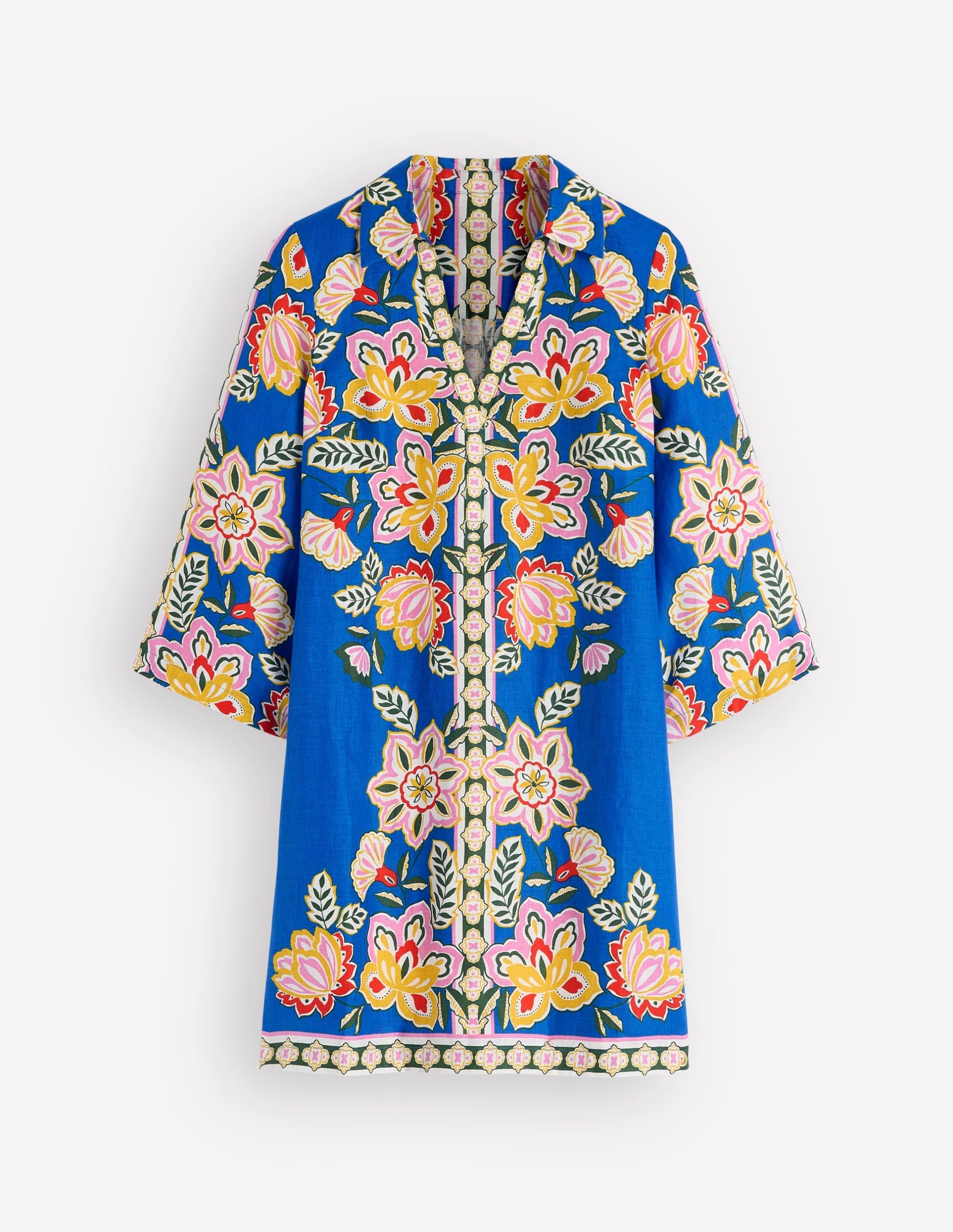 Carmen Linen Short Dress-Blue Blossom Elegance - Image 6