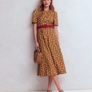 Ivy Button Cotton Midi Dress-Brown Painted Dot Spaced