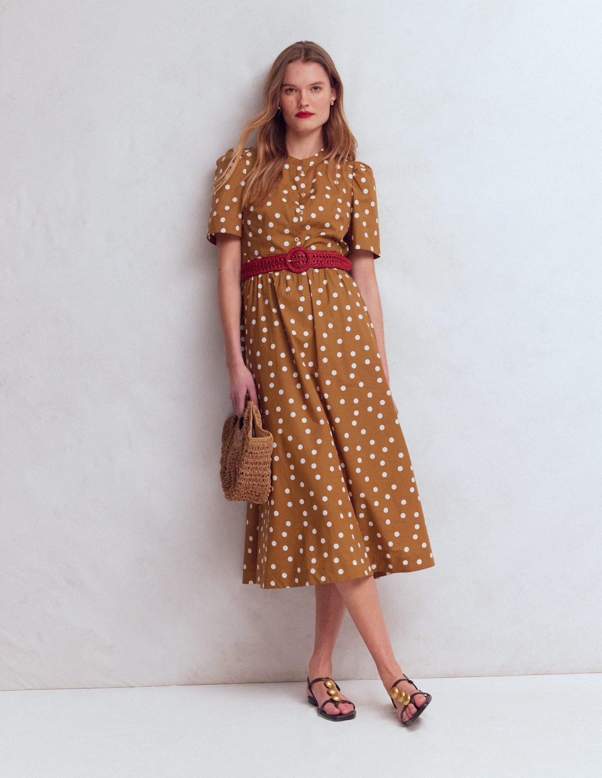 Ivy Button Cotton Midi Dress-Brown Painted Dot Spaced
