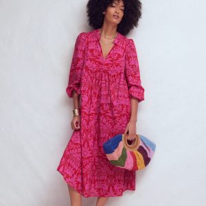 Boho Tie Neck Kaftan-Red Ornamental Foilage