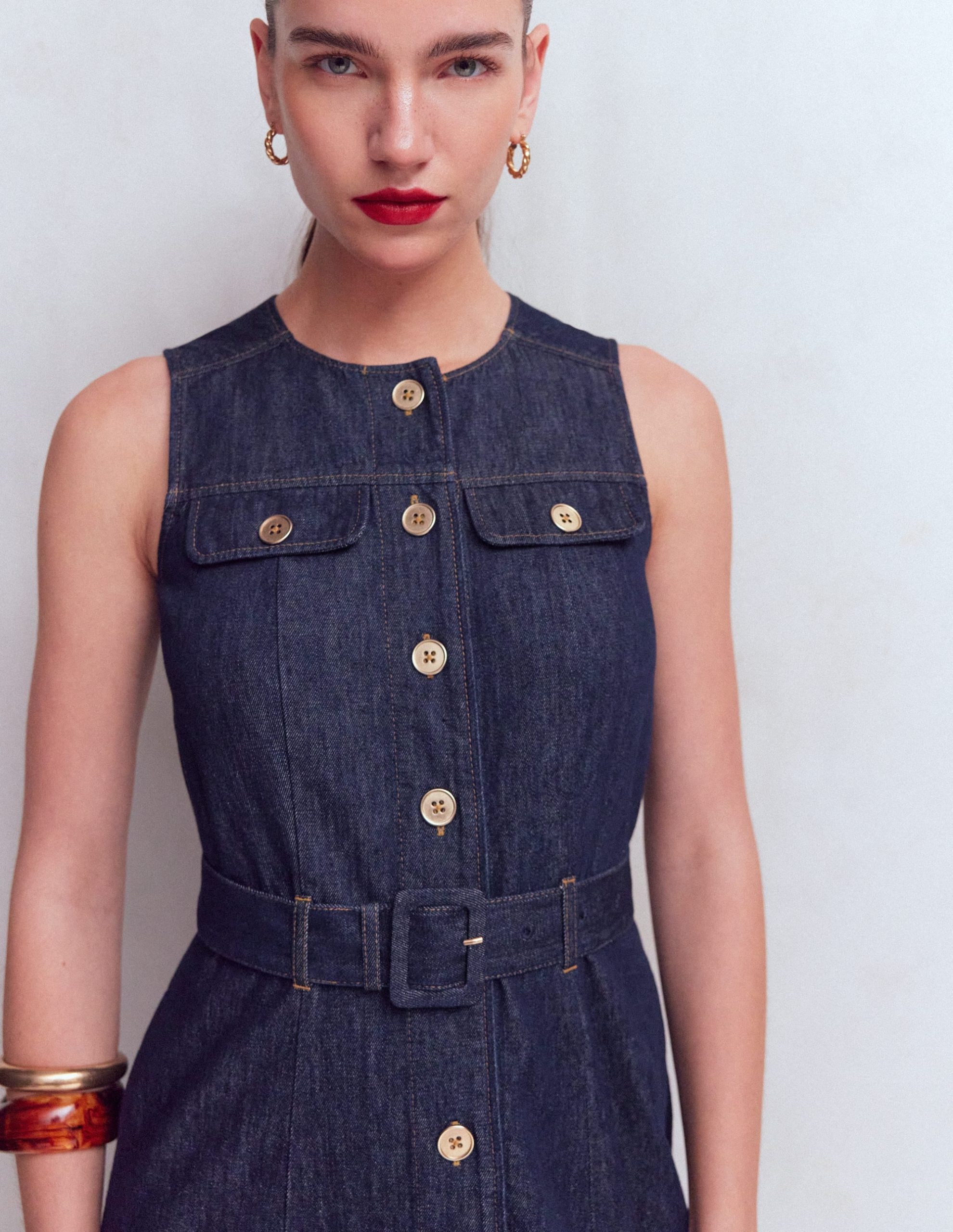 Gold Button Denim Midi Dress-Indigo - Image 2